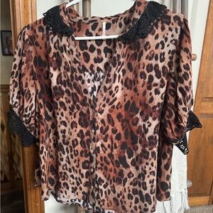 Free People My Love Leopard Print Blouse with Black Lace Trim. Size XS